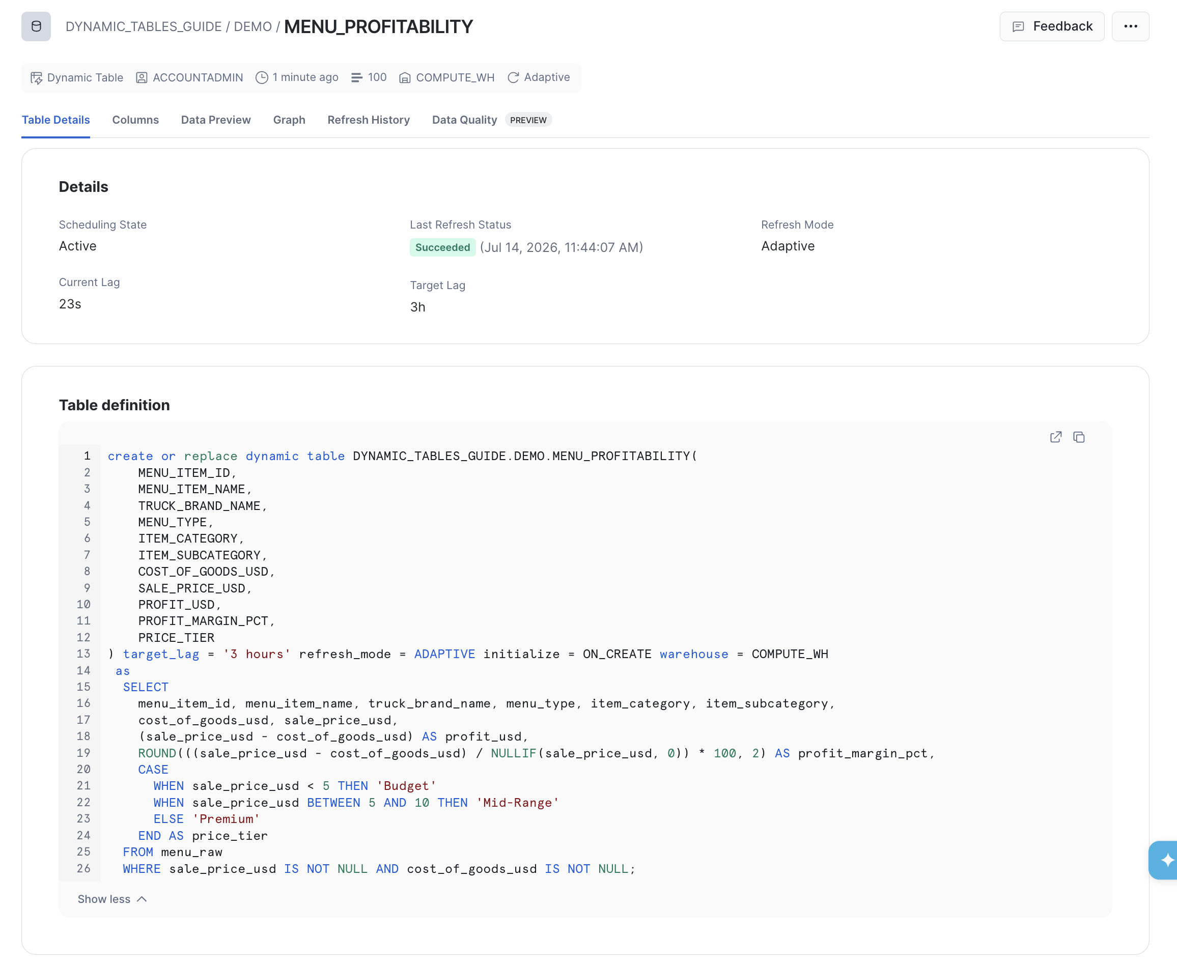 menu_profitability in the Snowsight object explorer