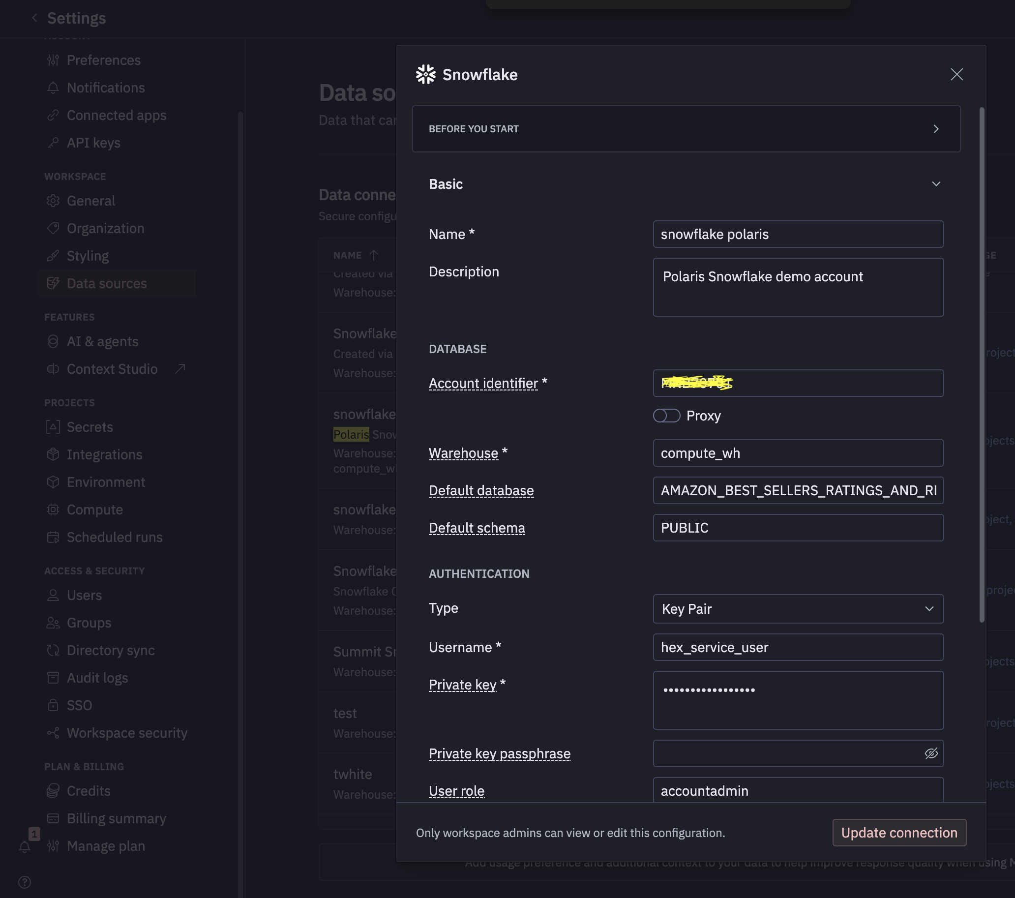Hex data source configuration — Snowflake connection with default database and schema
