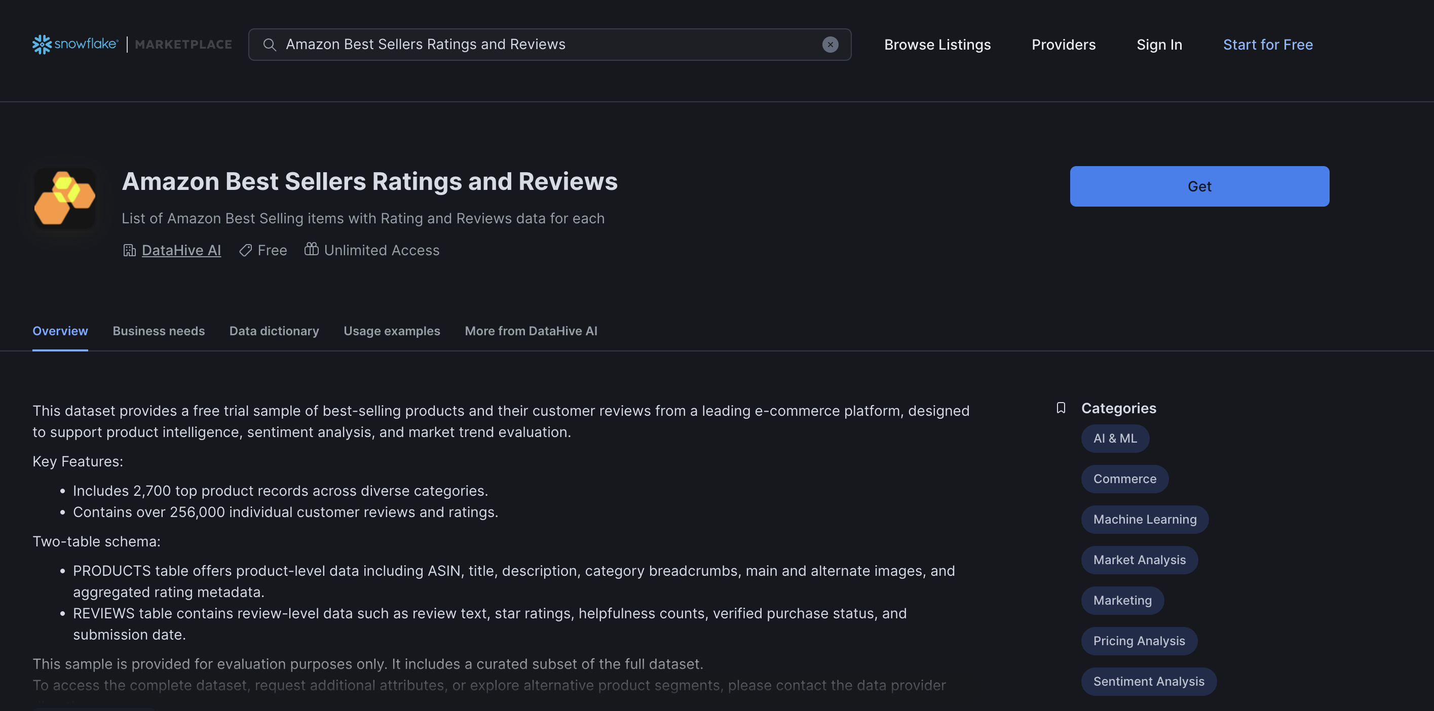 Amazon Best Sellers Ratings and Reviews listing on Snowflake Marketplace