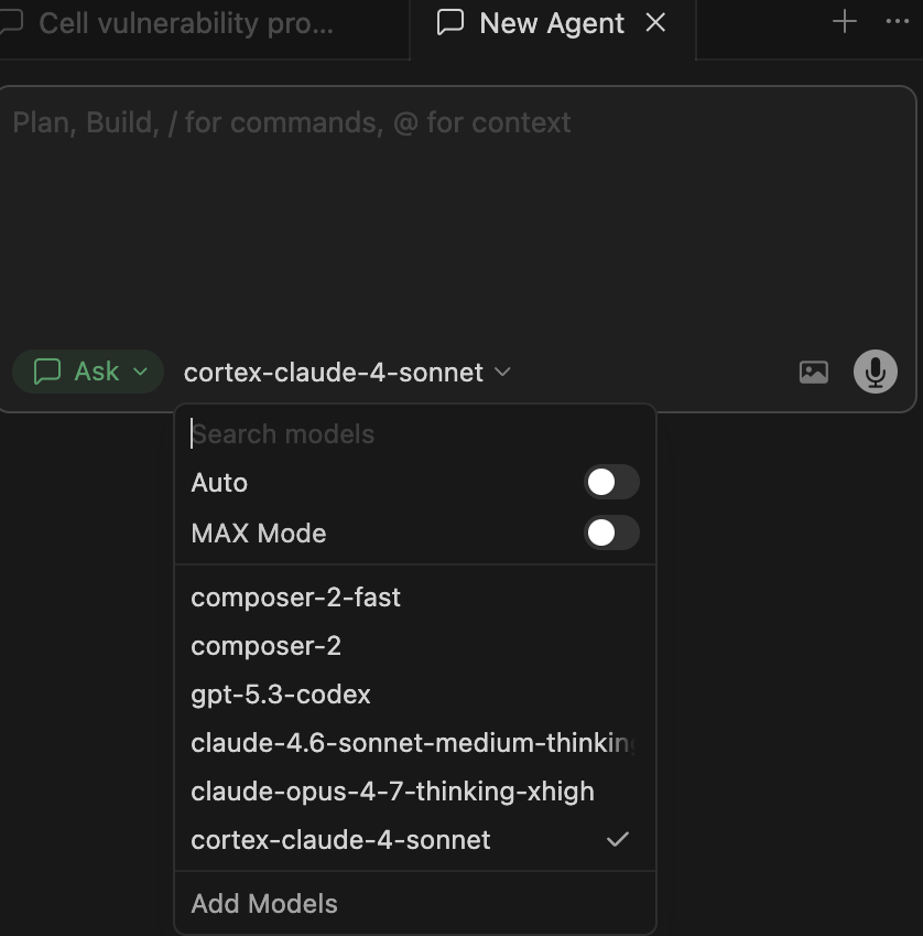 Cursor configured with a custom Cortex model
