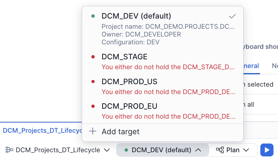 DCM control panel with project selected