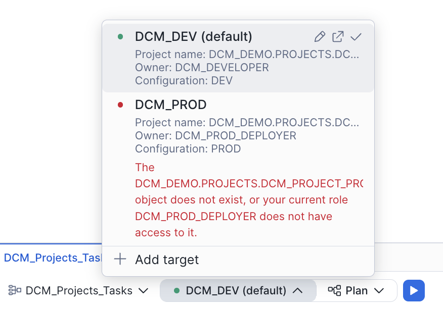 Snowsight target selector showing DCM_DEV (default, green) and DCM_PROD