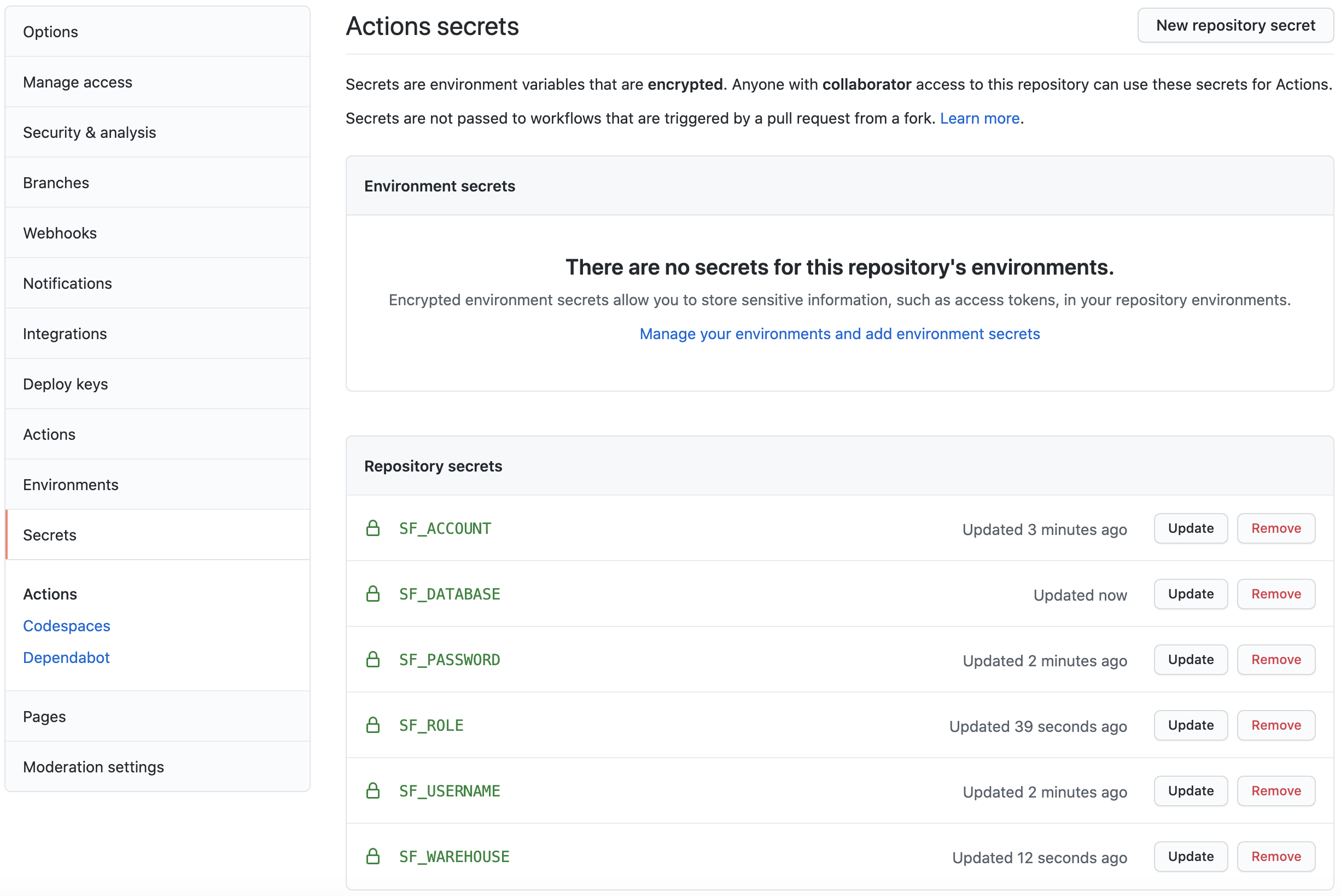 GitHub Actions Secrets after setup