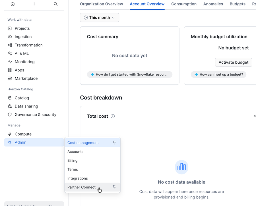 Admin menu with Partner Connect