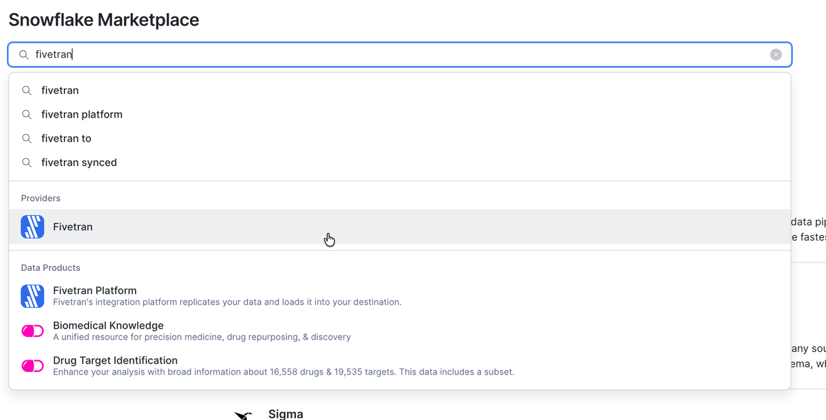Marketplace search for Fivetran