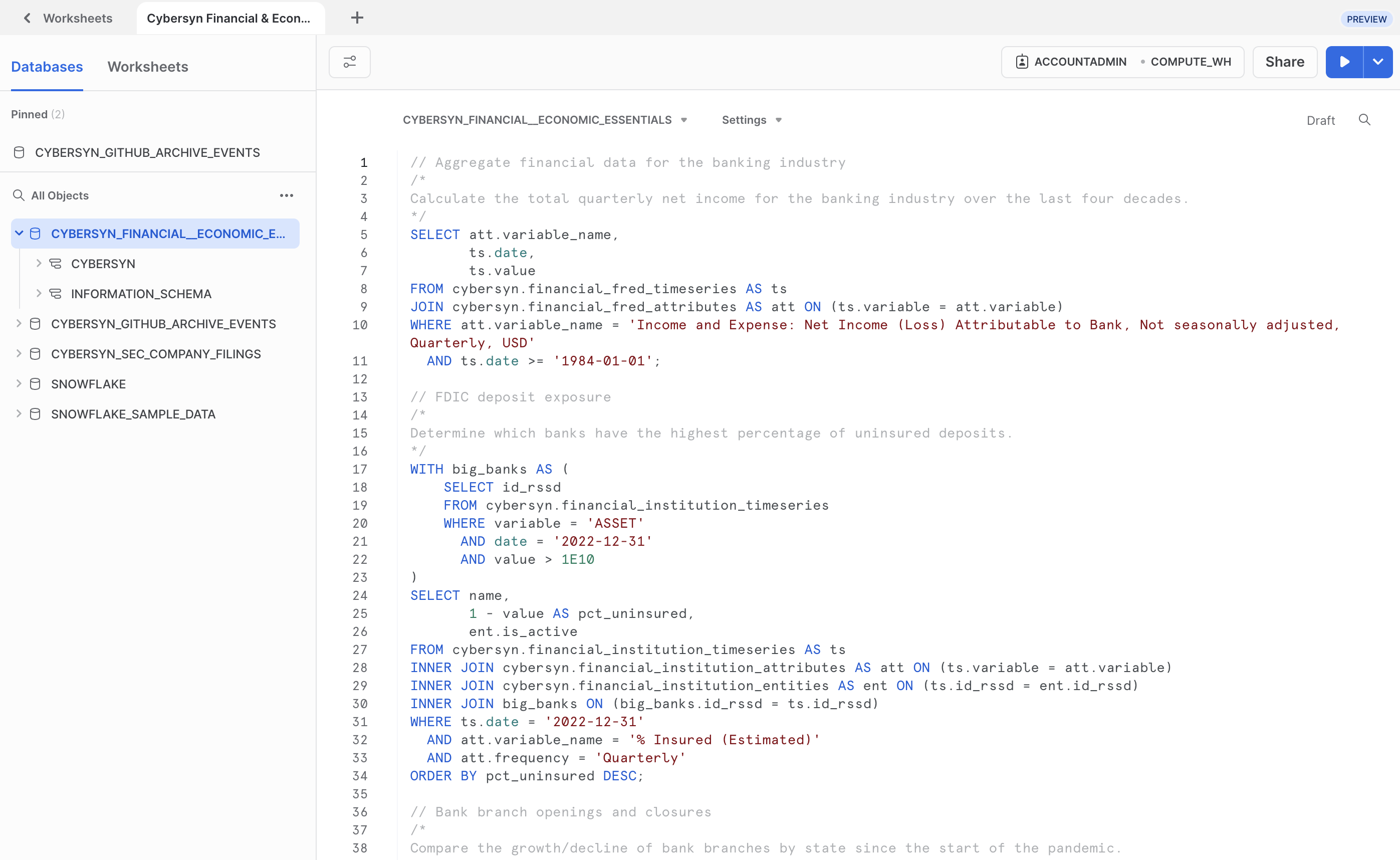 Example queries for the Cybersyn Financial & Economic Essentials dataset from the Snowflake Marketplace