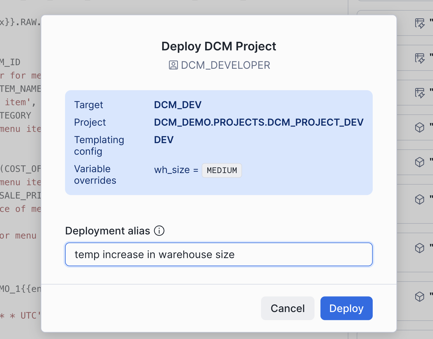 Deploy confirmation dialog