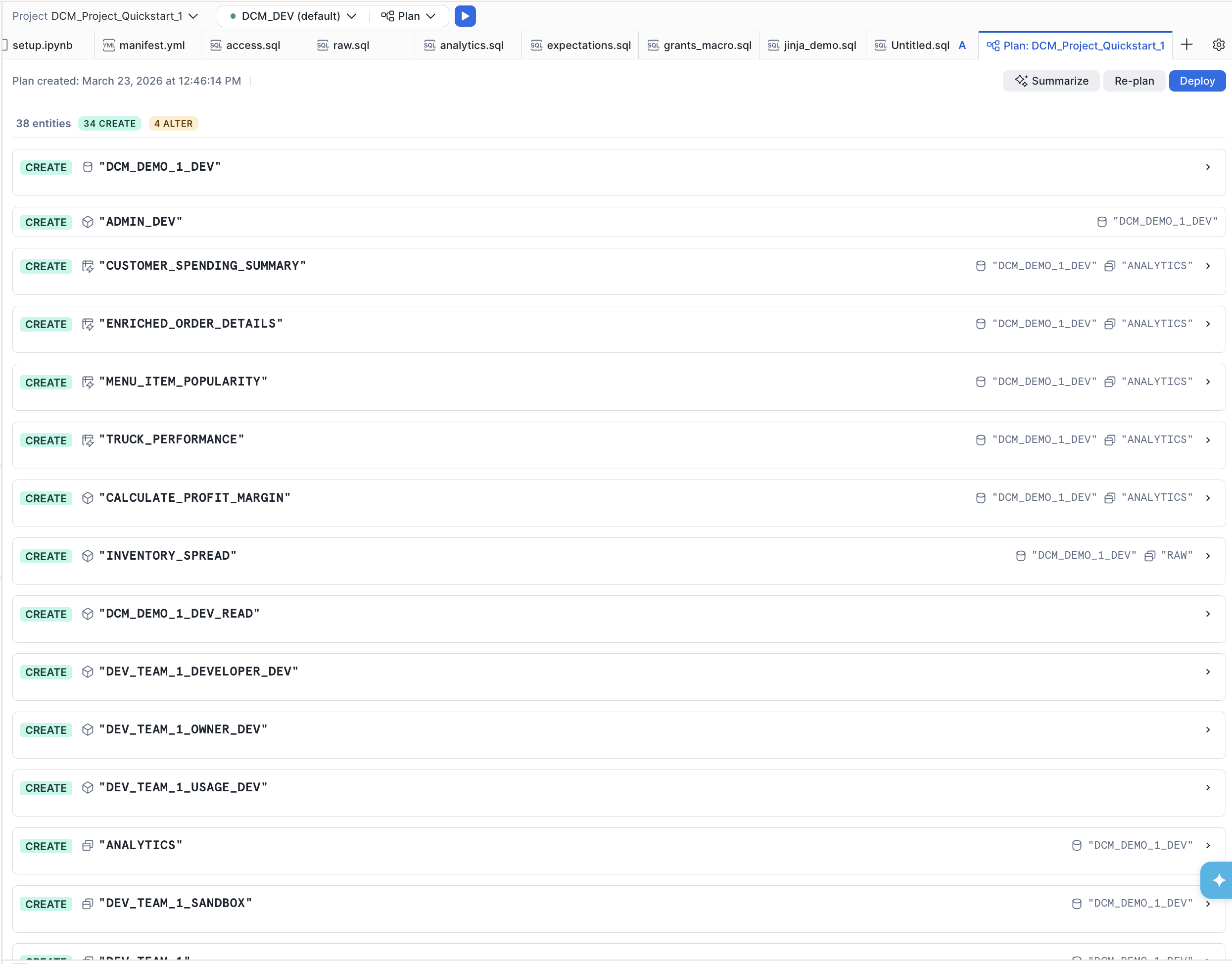 Plan results showing planned changes