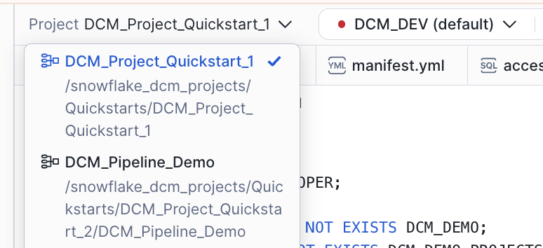 DCM control panel with project selected