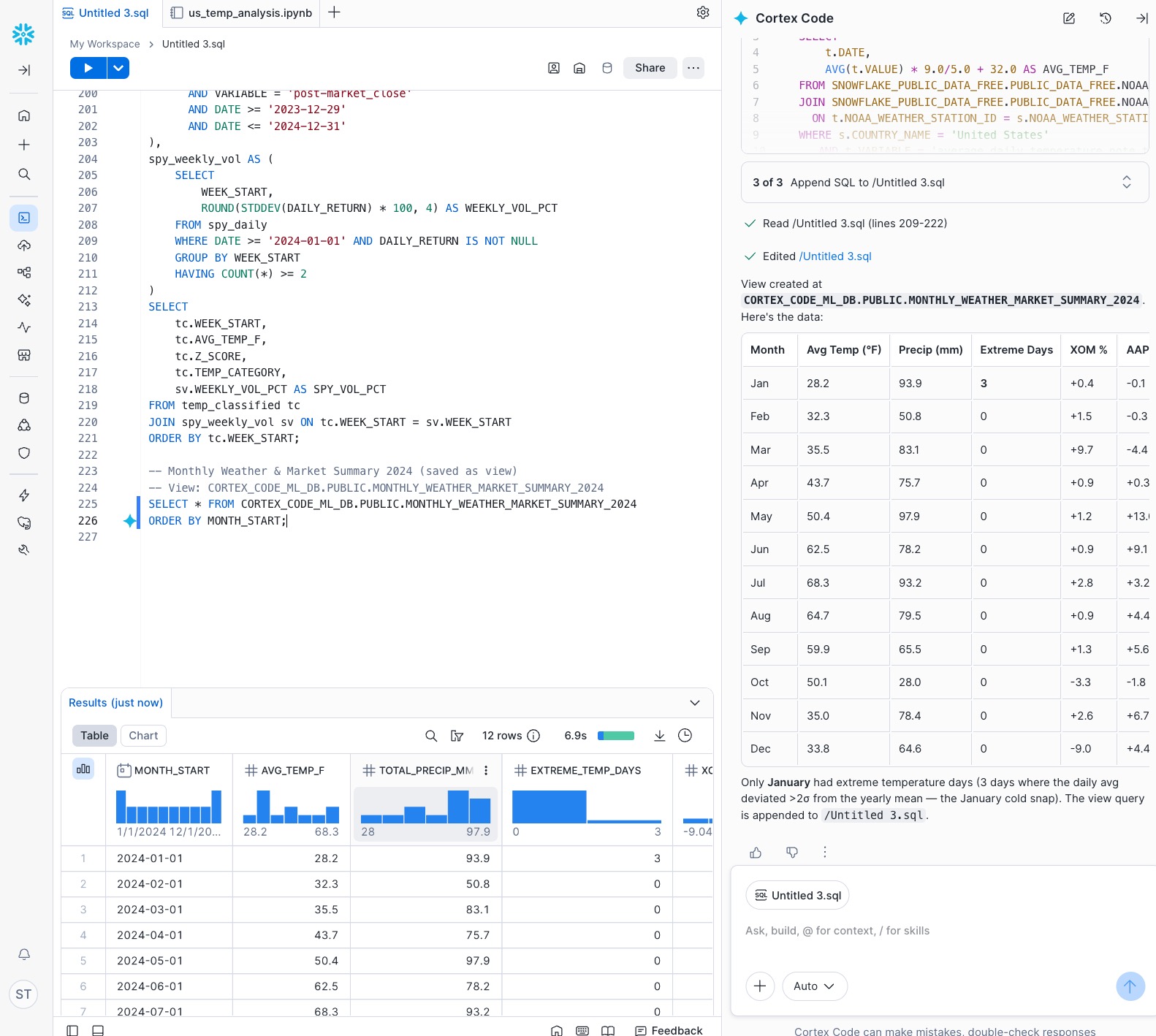 Cortex Code results table for monthly weather + market summary view (2024)