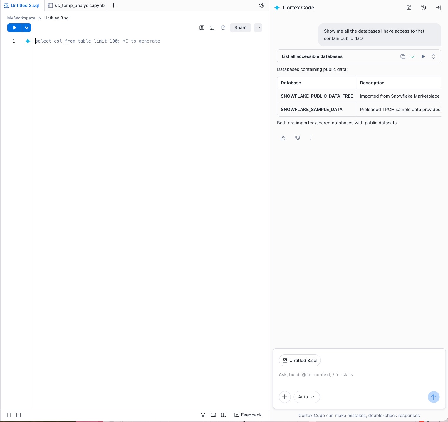 Cortex Code in Snowsight showing databases with public data