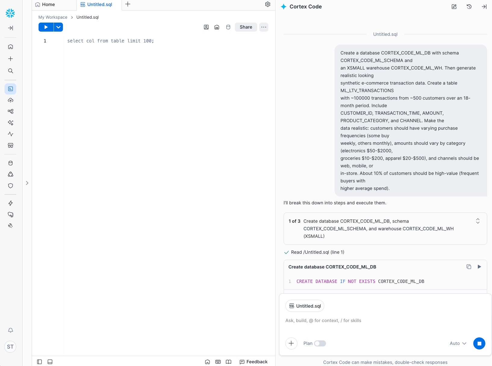 Generate synthetic data by Cortex Code in Snowsight