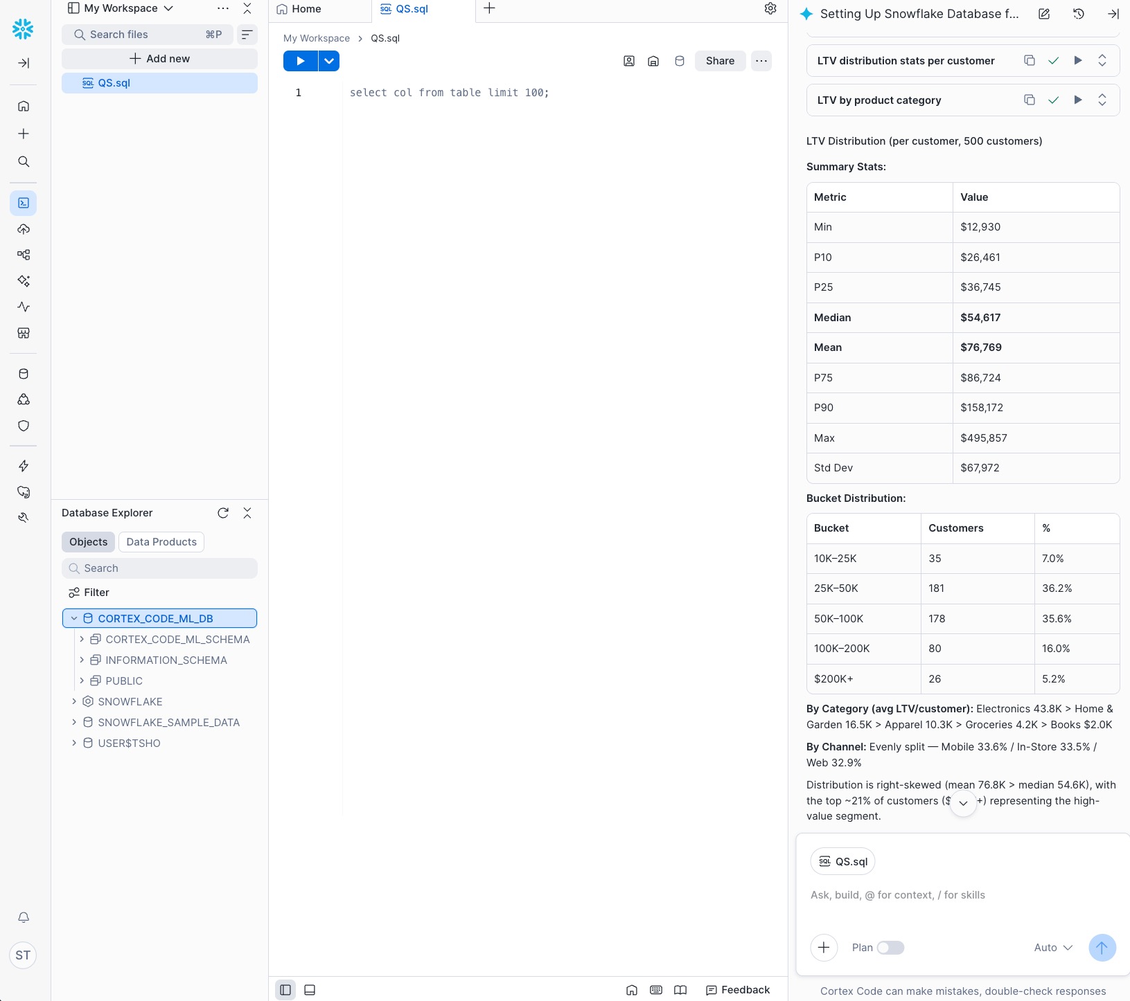 Basic statistics by Cortex Code in Snowsight