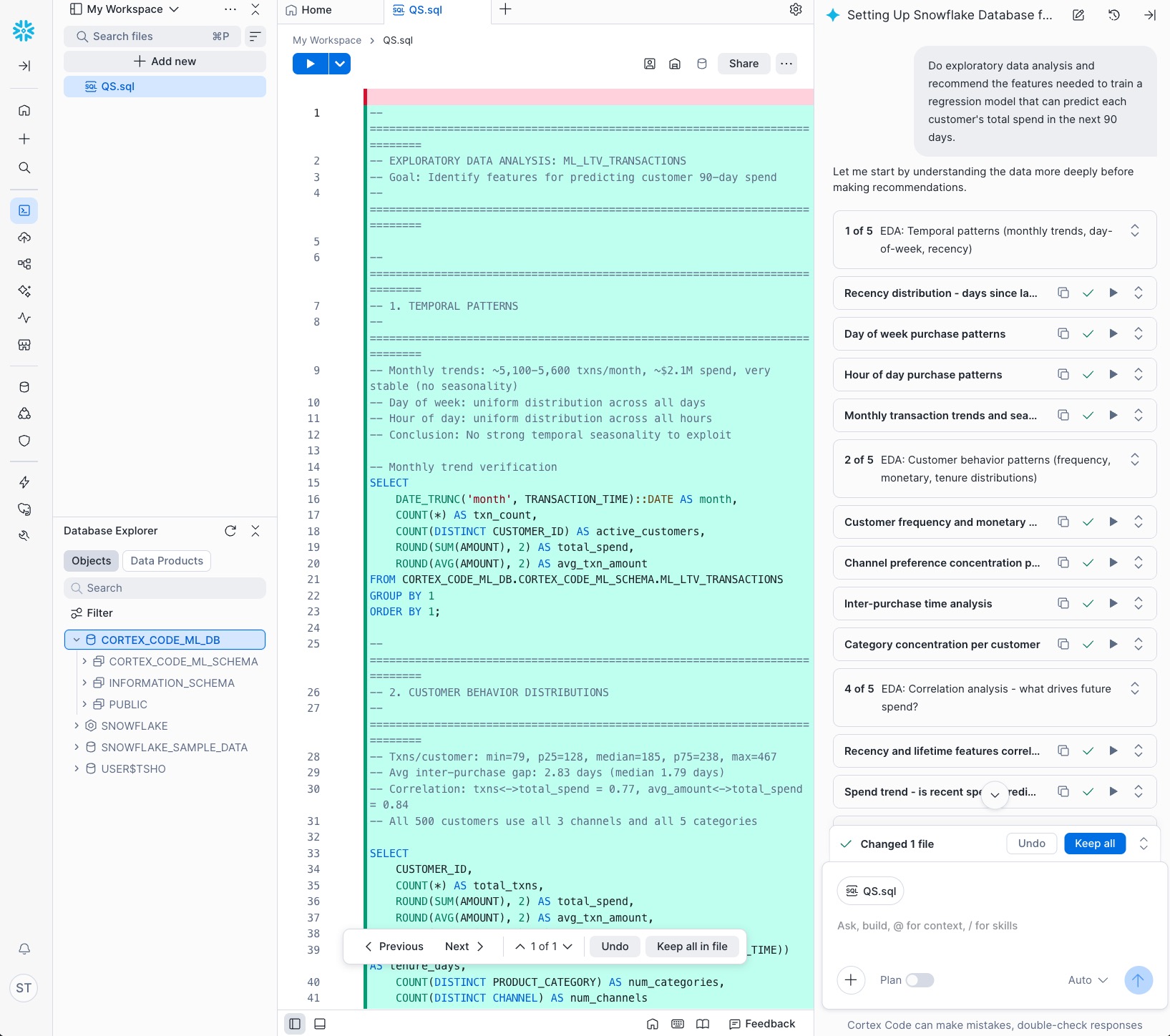 EDA results and feature recommendations in Cortex Code