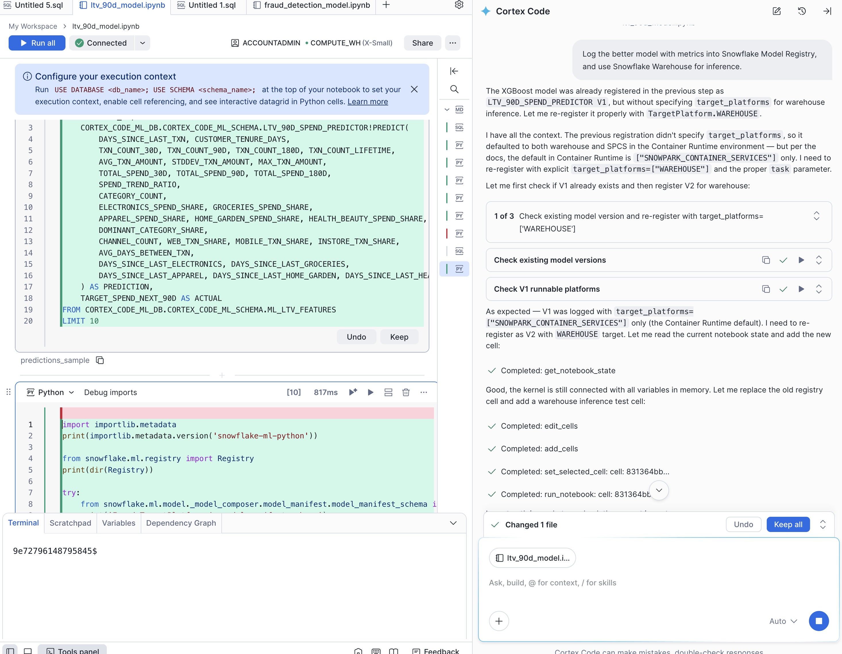 Model logged to Snowflake Model Registry with metrics