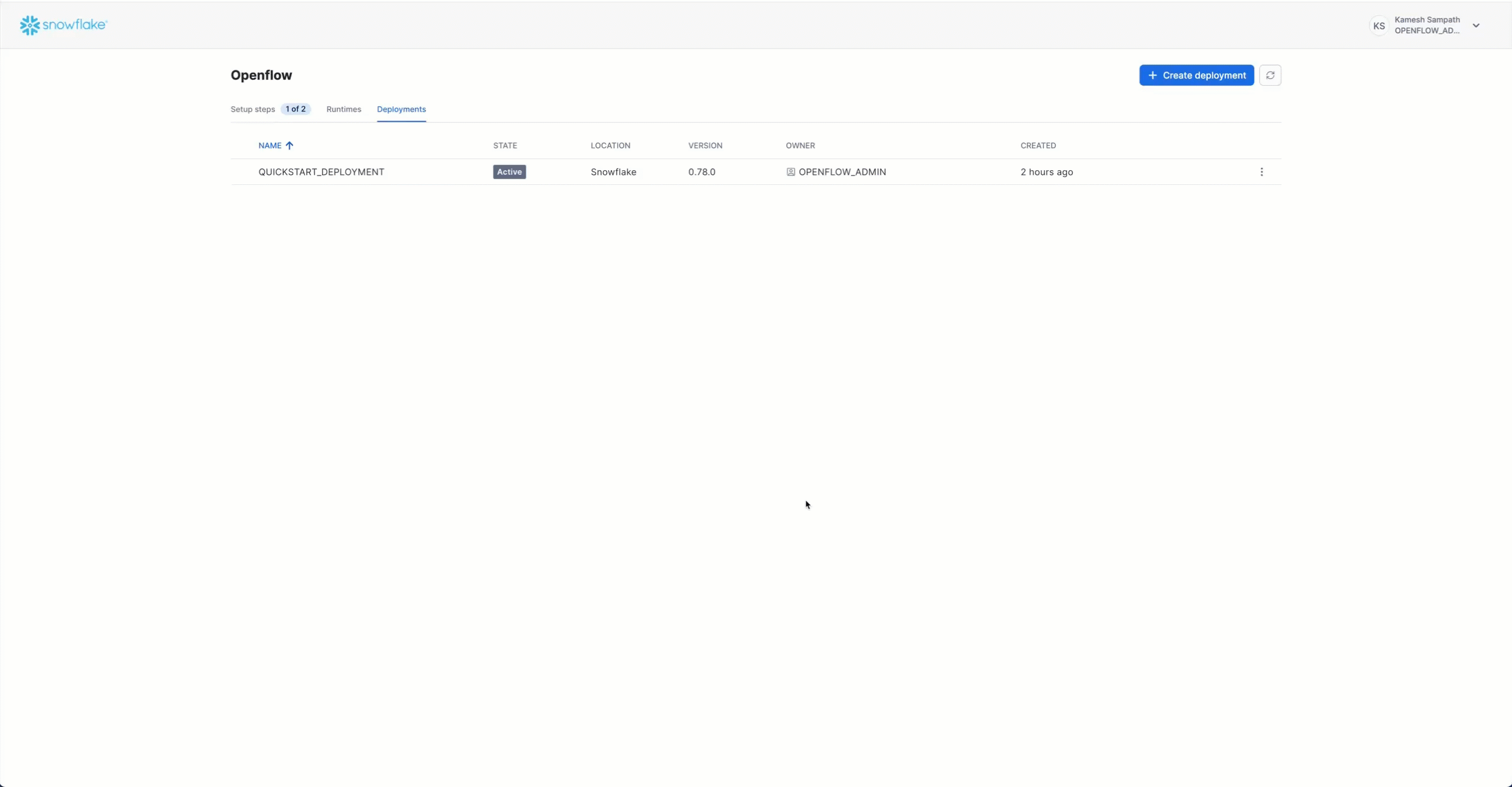 Creating Openflow Snowflake Deployments Runtime
