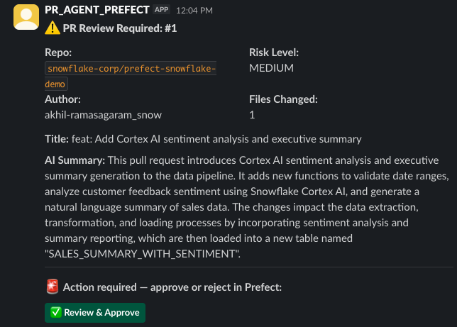 SS4 — Slack channel showing the approval request message with Review and Approve button