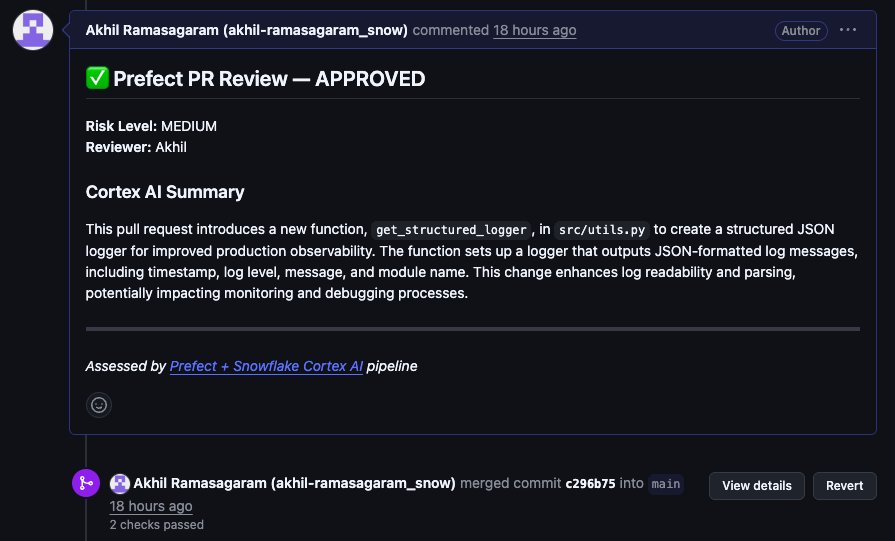 SS7 — GitHub PR showing the Cortex AI review comment posted by the pipeline and Merged status