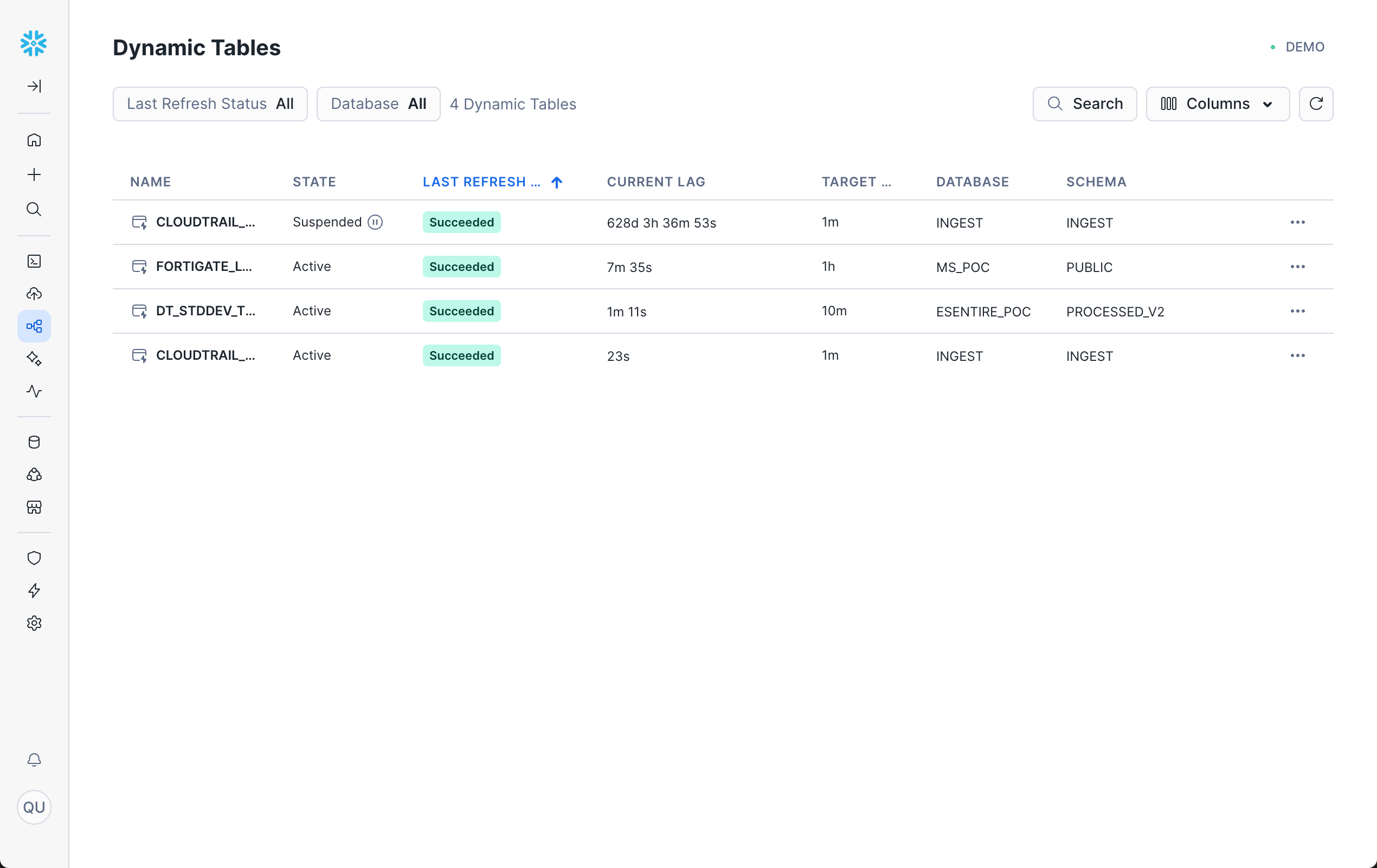 A screenshot showing the Dynamic Tables UI