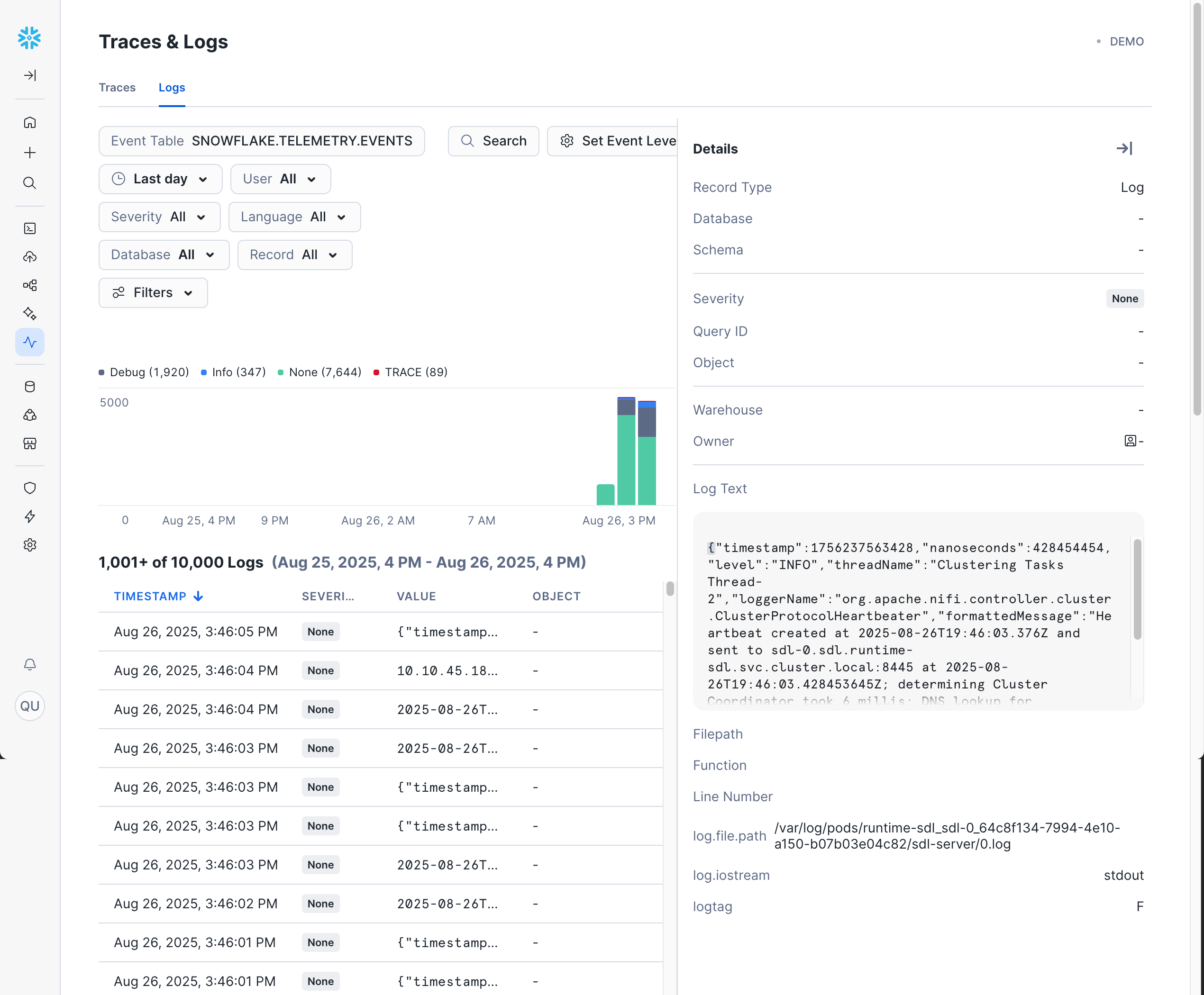 A screenshot showing details of one specific log in the sidebar