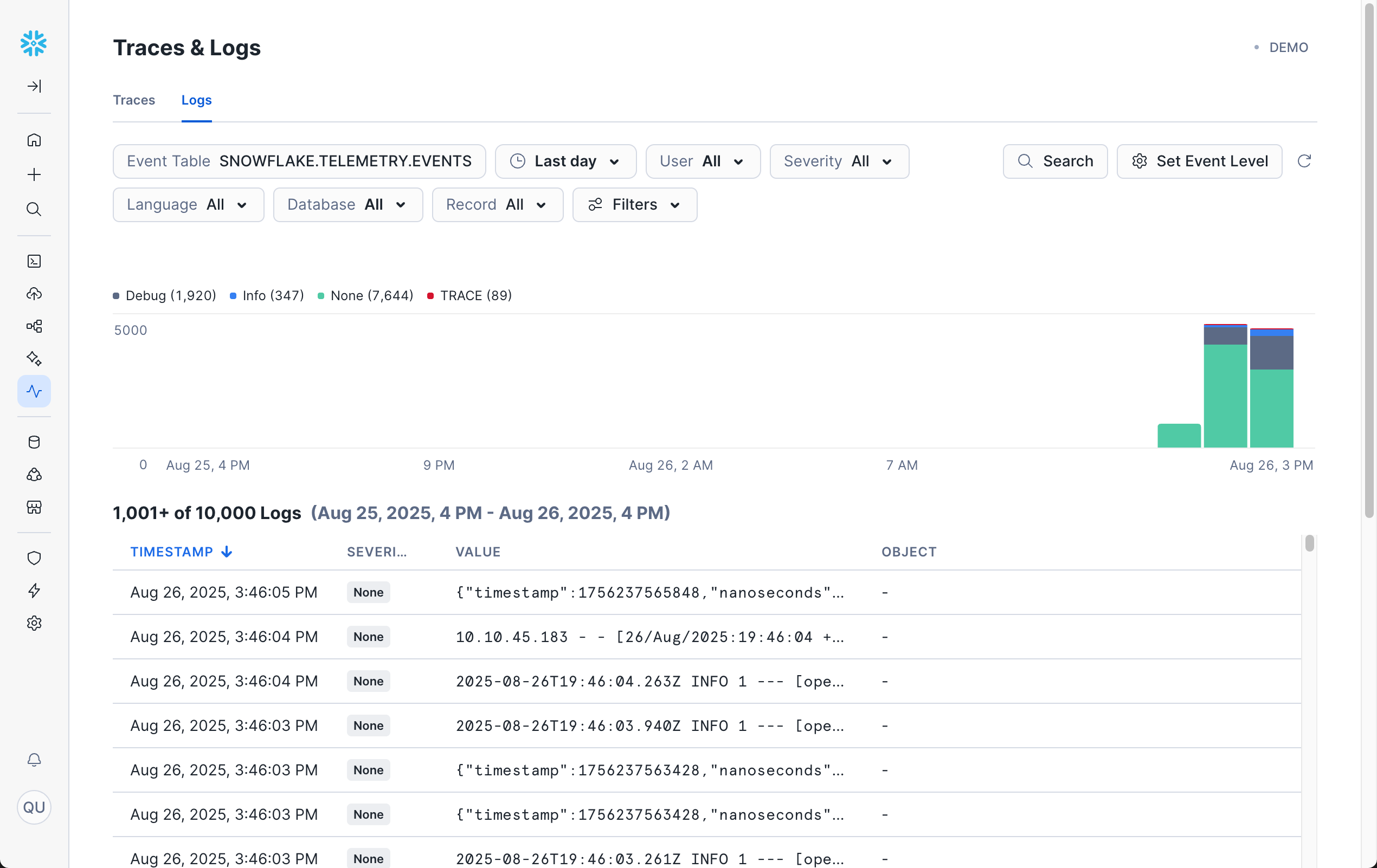 A screenshot showing a list of logs in the Snowsight console