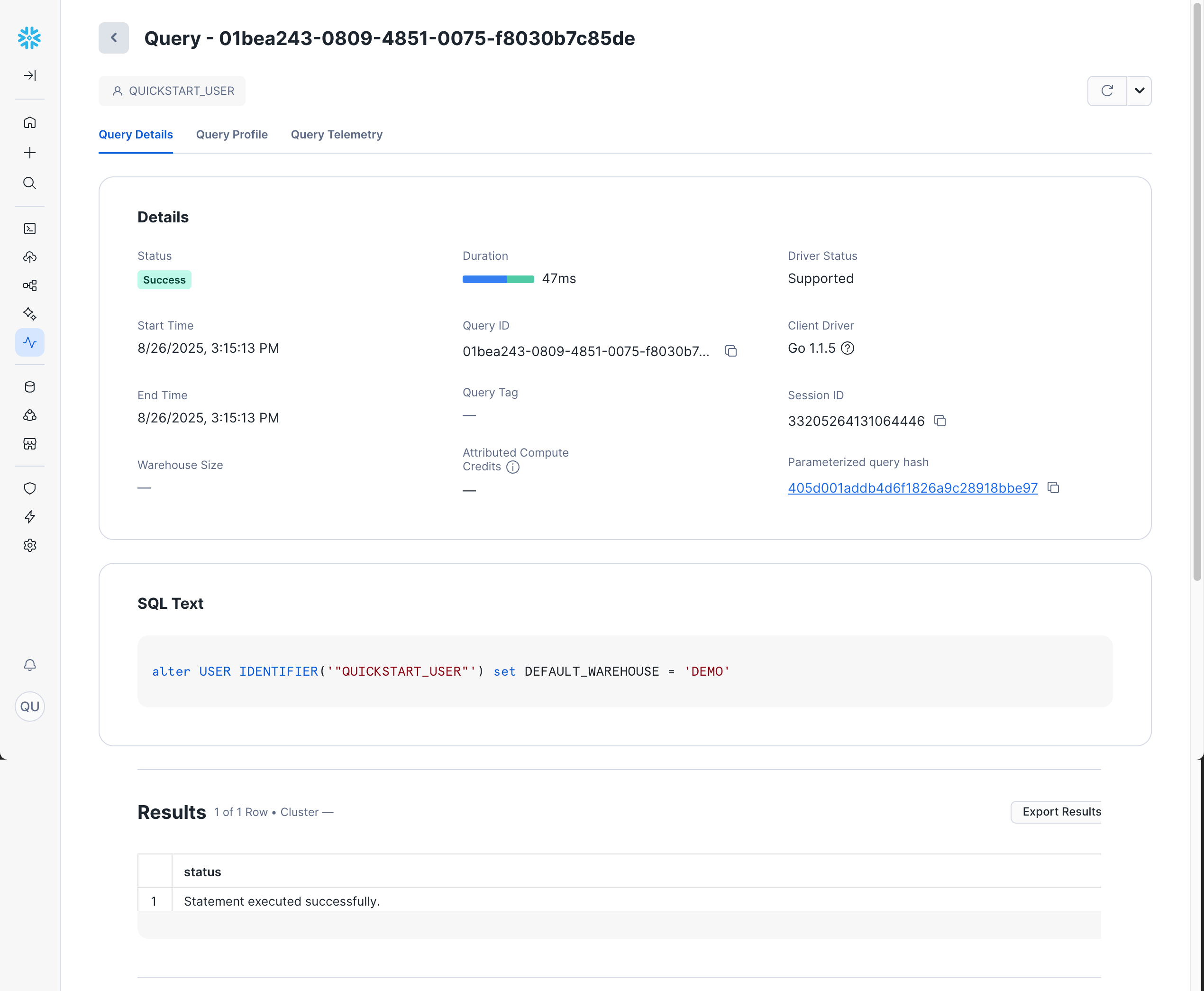 A screenshot of the detailed view of one query in Query History