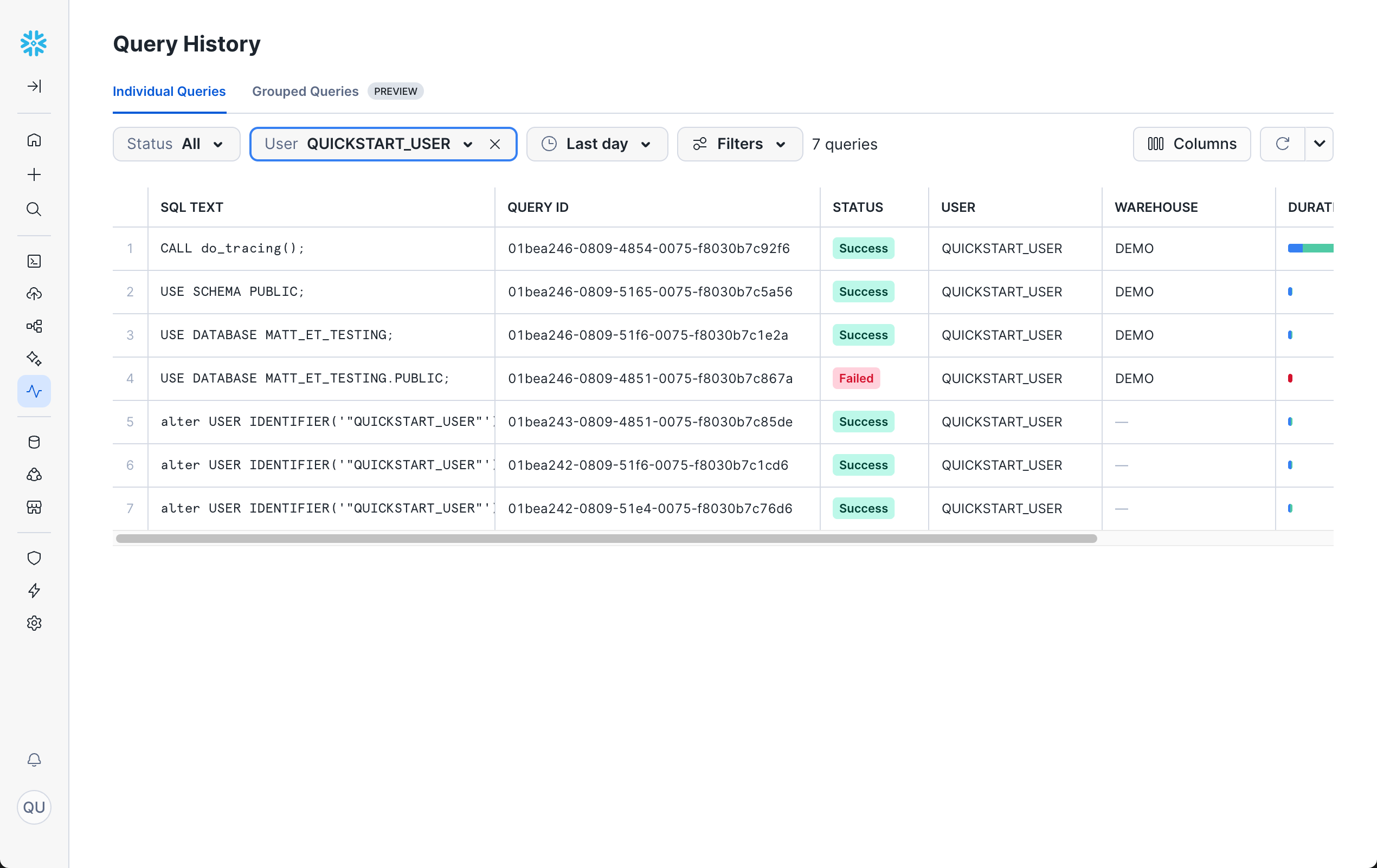 A screenshot of the Query History UI in Snowsight