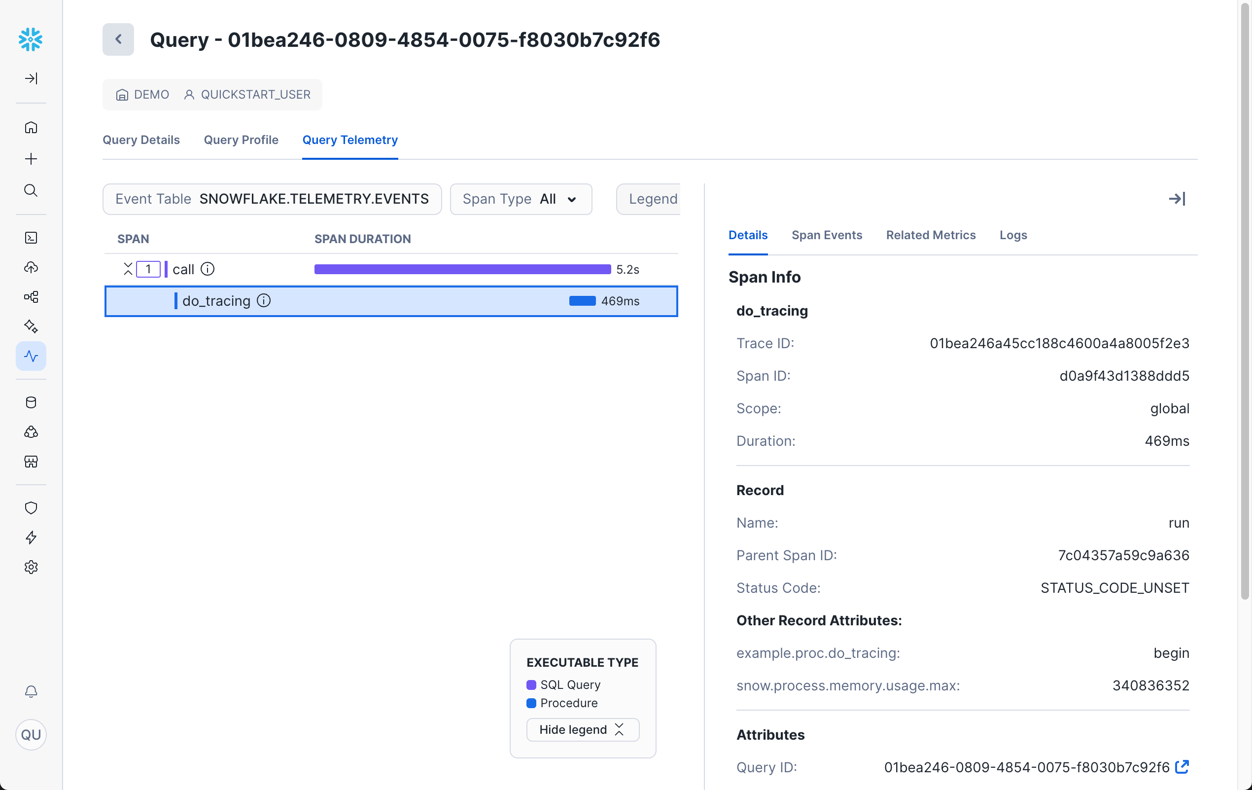 A screenshot of the Query Telemetry tab showing traces and spans for a query.
