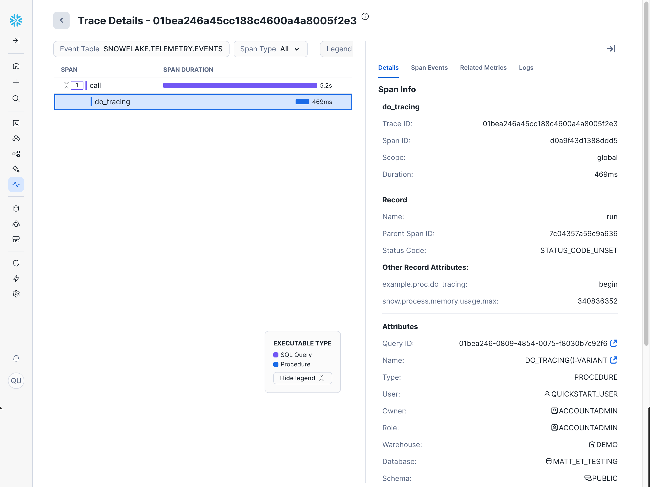 An screenshot of the Trace Explorer console showing details about the span step