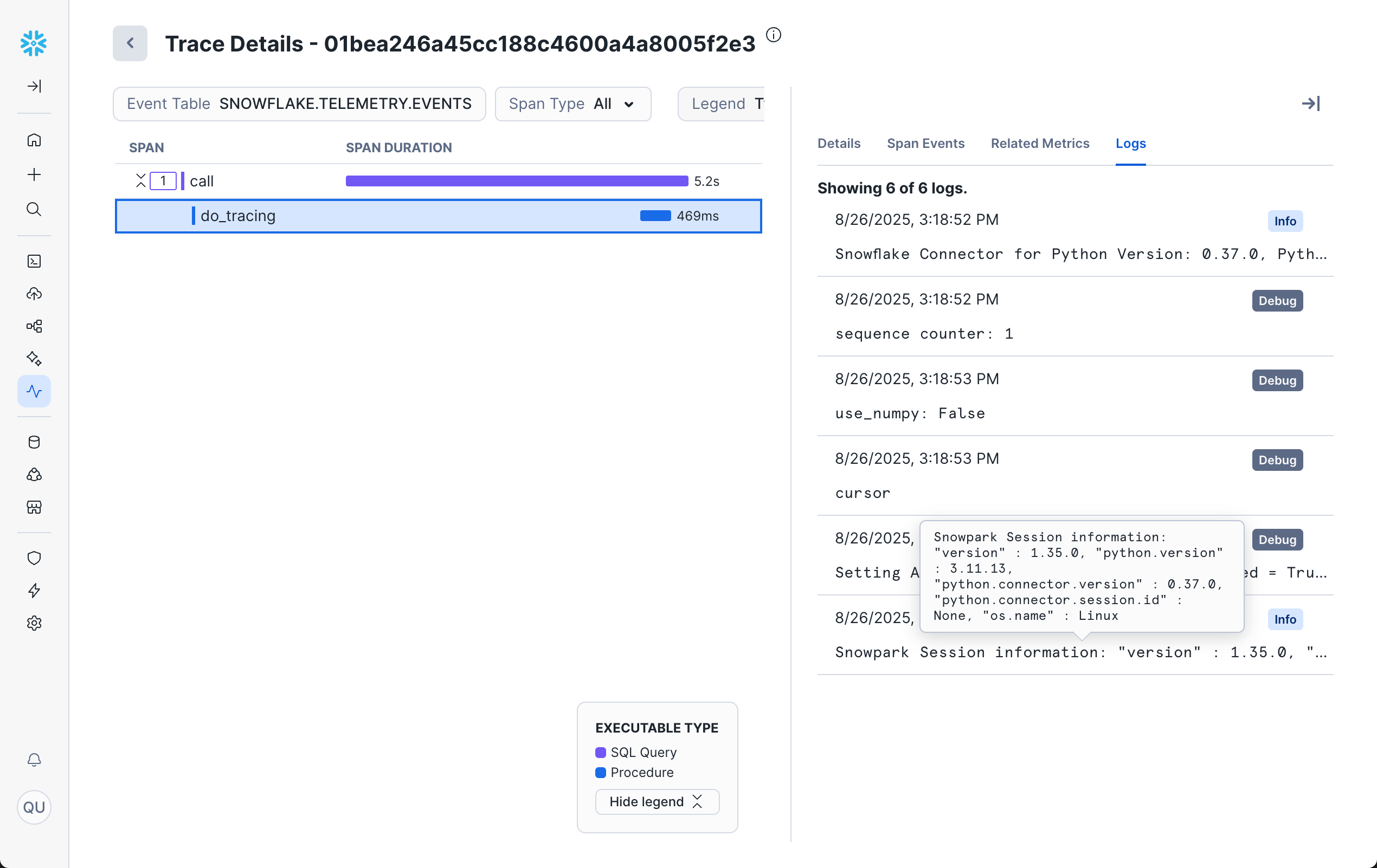 An screenshot of the Trace Explorer console showing details about related logs