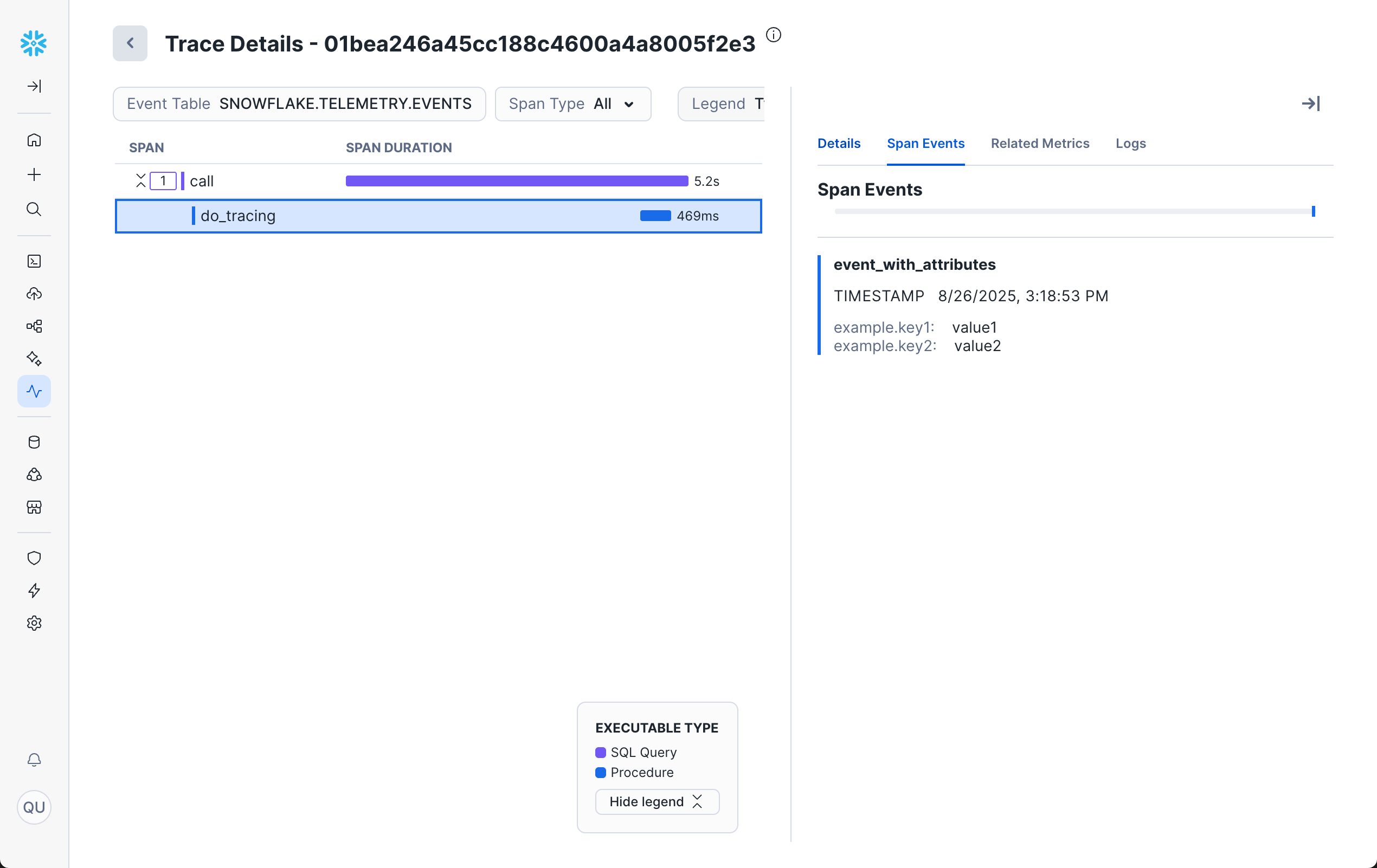 An screenshot of the Trace Explorer console showing details about span events