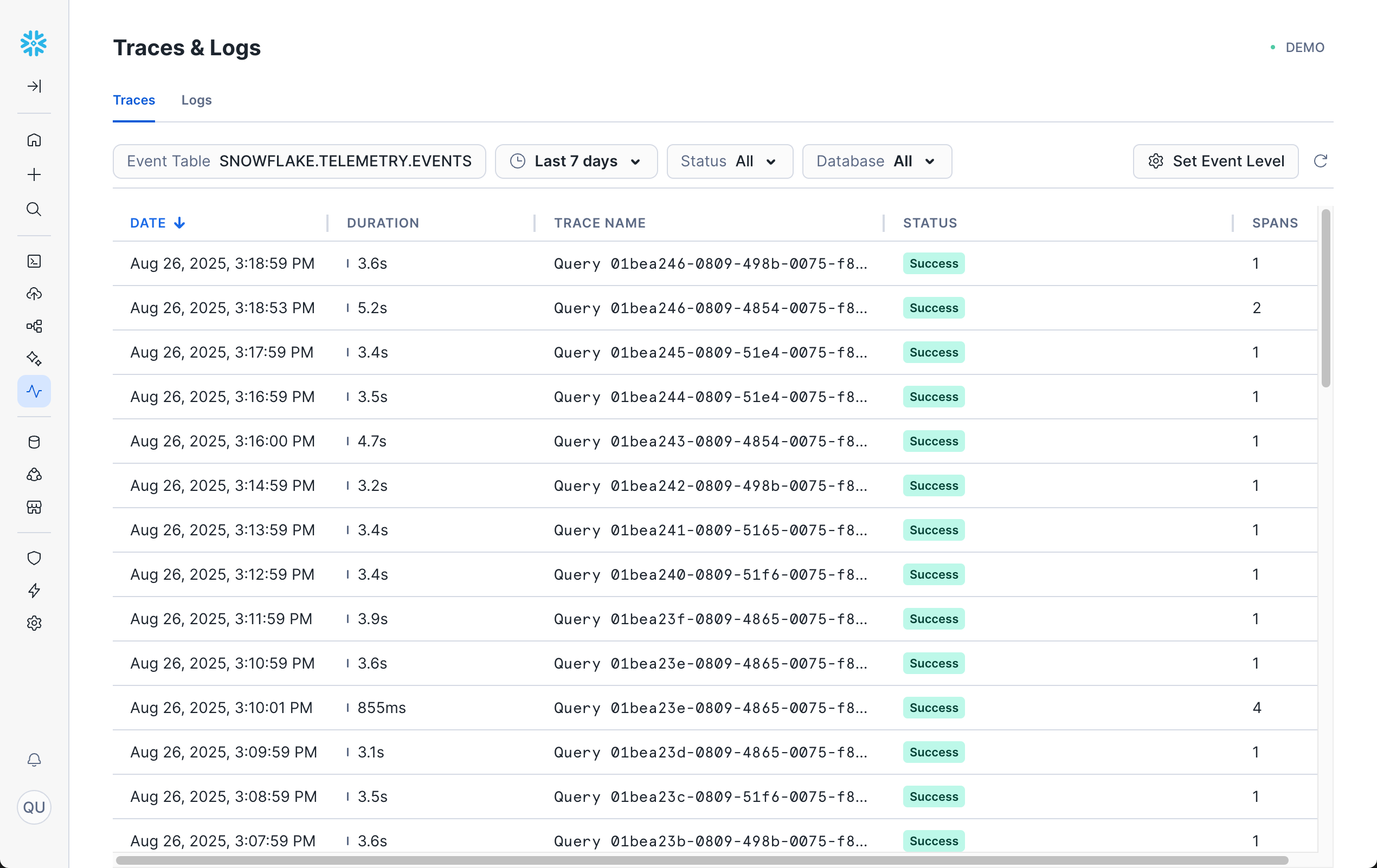 An screenshot of the Trace Explorer console showing a list of traces