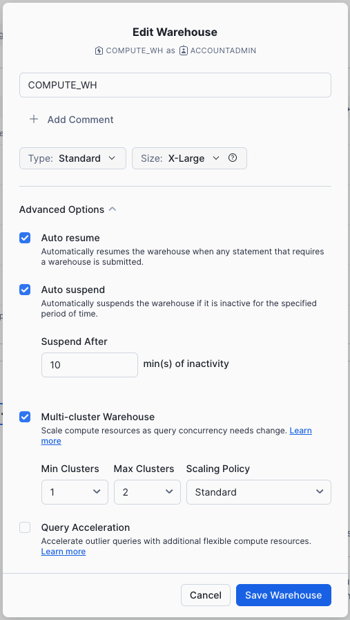 warehouse configure settings
