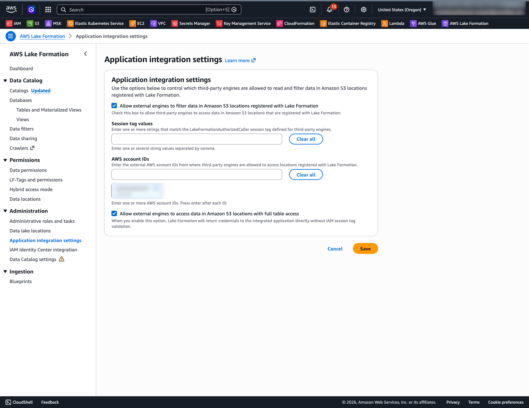 Lake Formation — application integration settings
