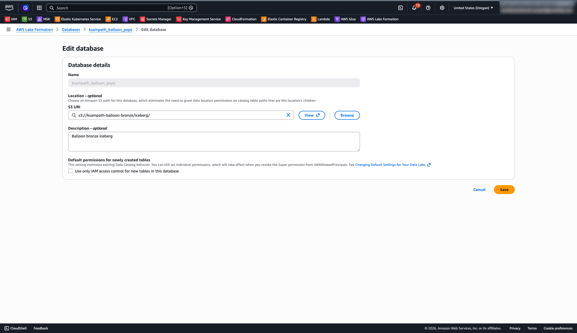 Lake Formation — edit database, Lake Formation mode for new tables