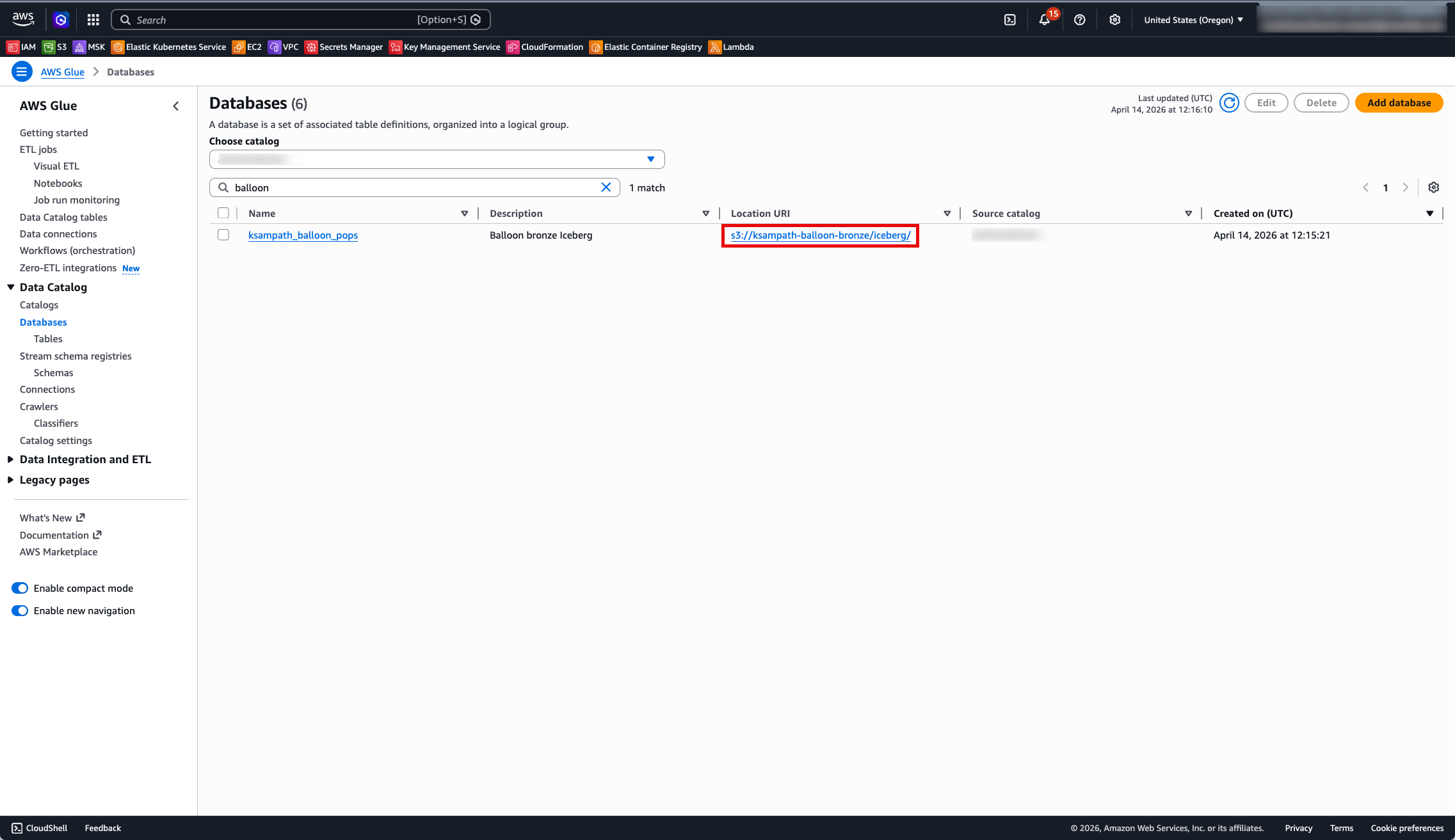 Glue — database details showing Location URI