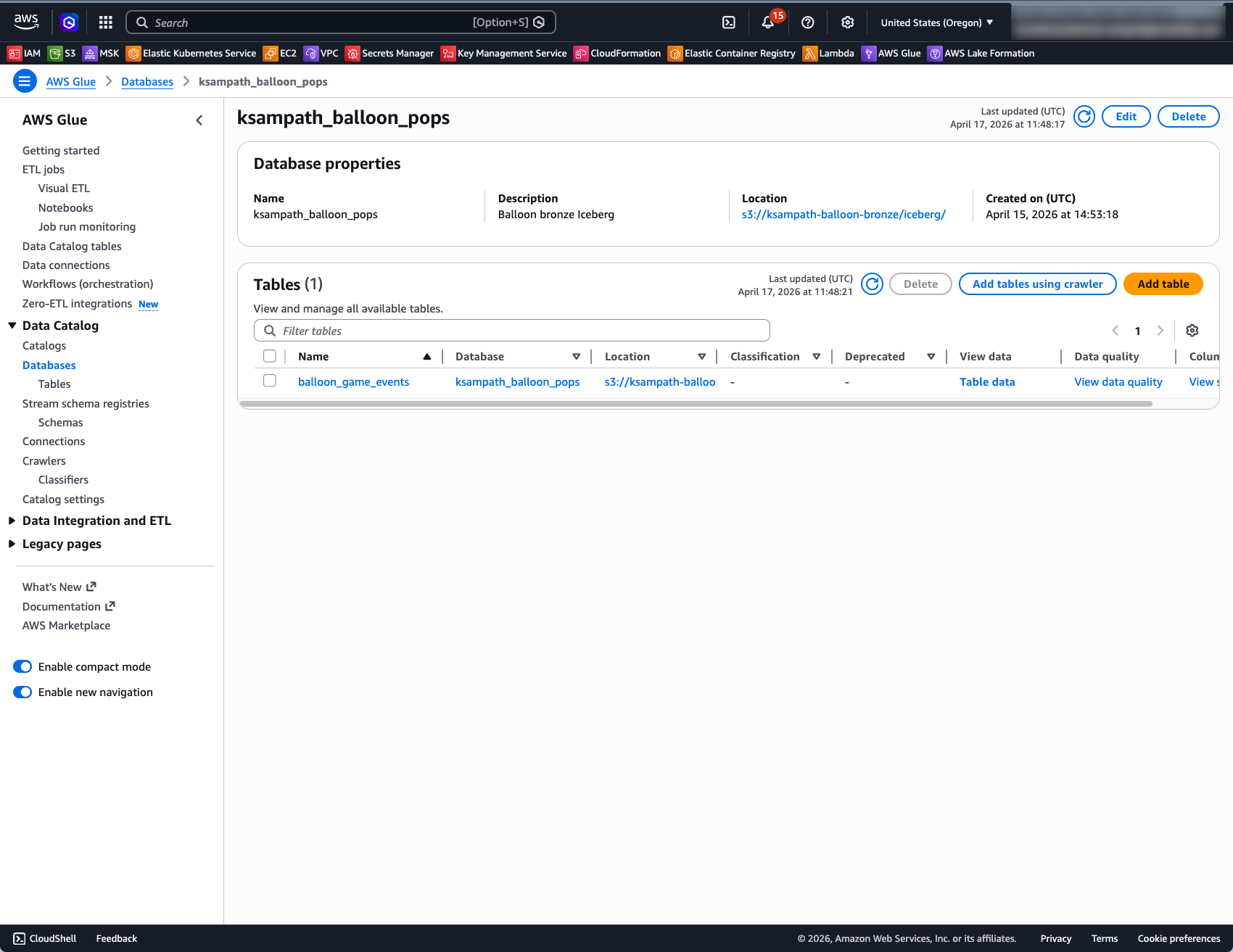 Glue — tables list showing balloon_game_events