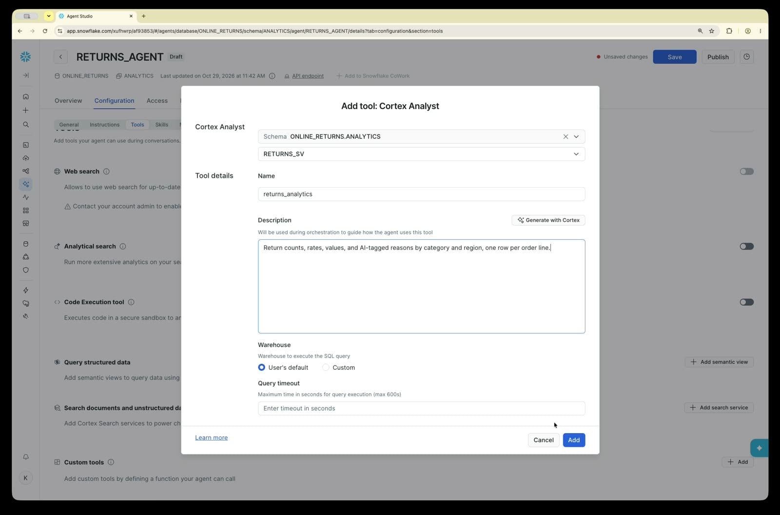 Add Cortex Analyst tool dialog