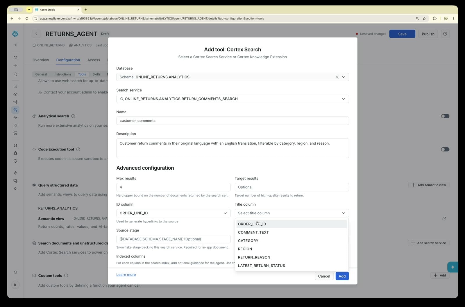 Add Cortex Search tool dialog