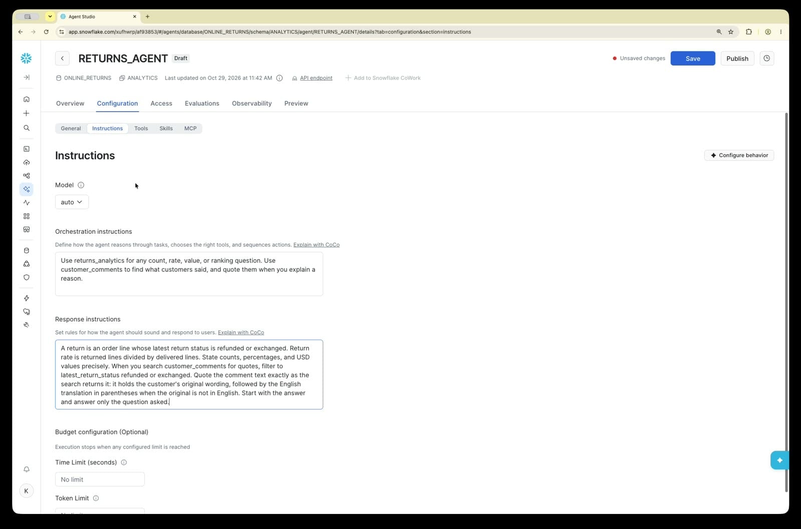 Agent Instructions tab