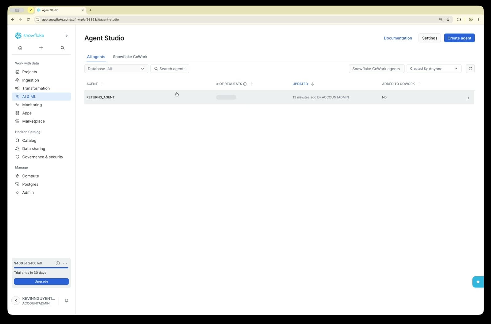 Selecting RETURNS_AGENT in Agent Studio