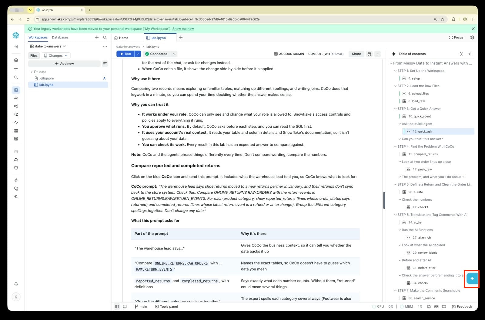 CoCo prompt comparing reported and completed returns