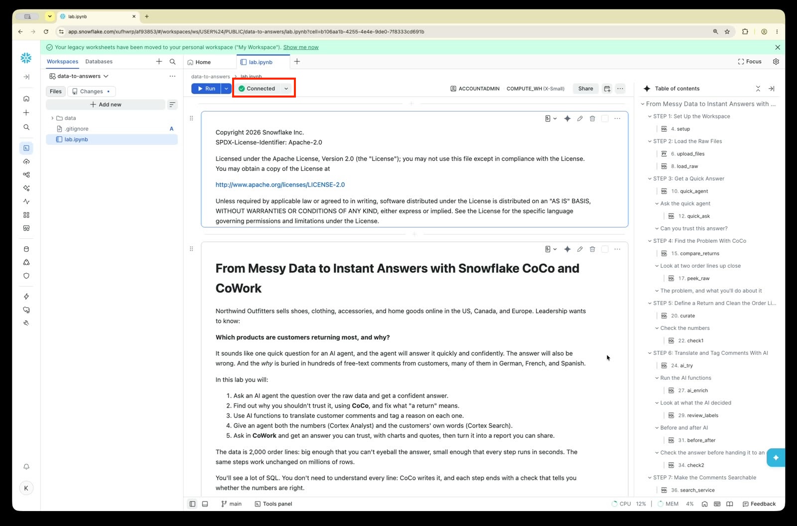 Connect your notebook dialog