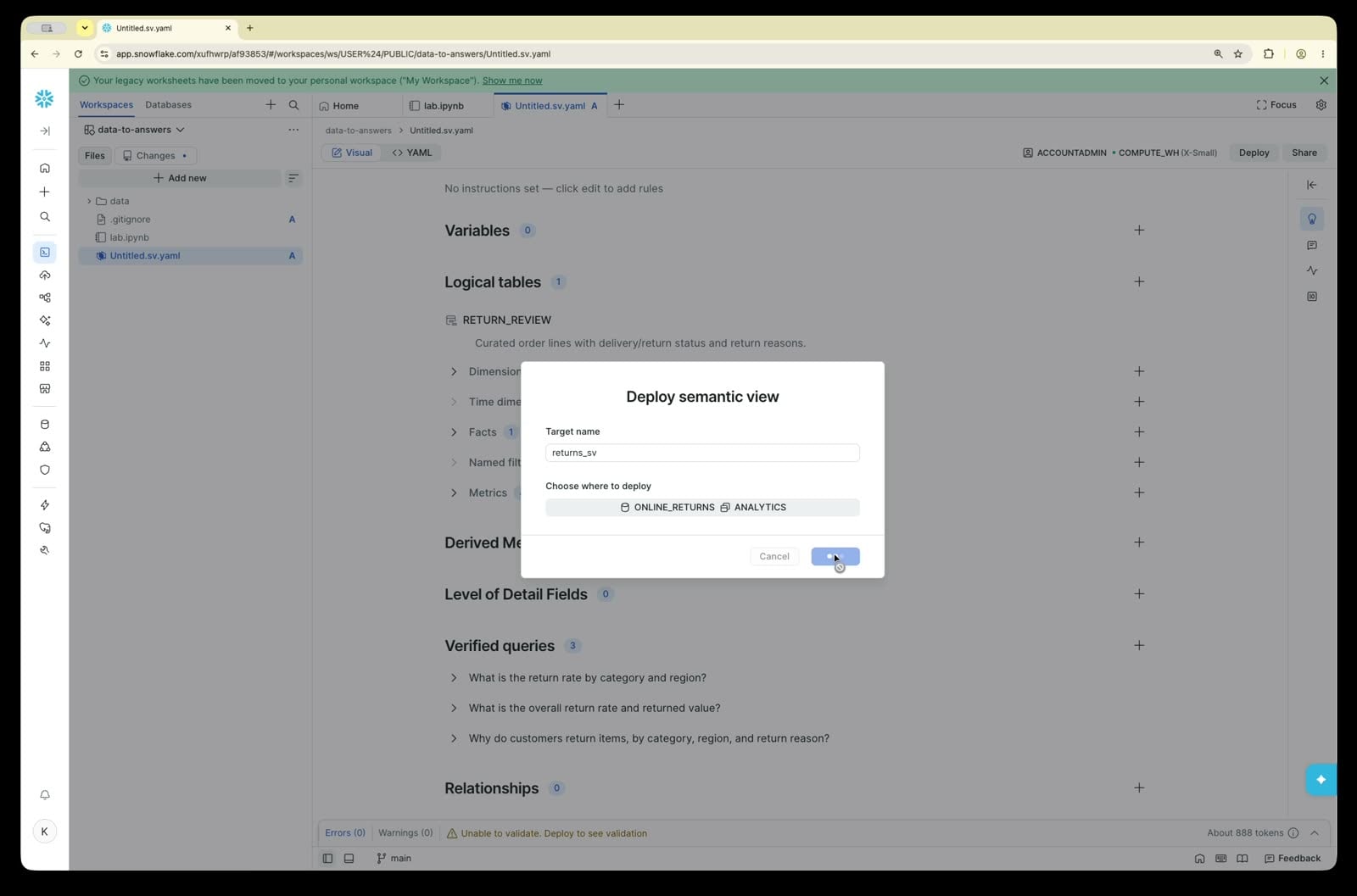 Deploy semantic view dialog
