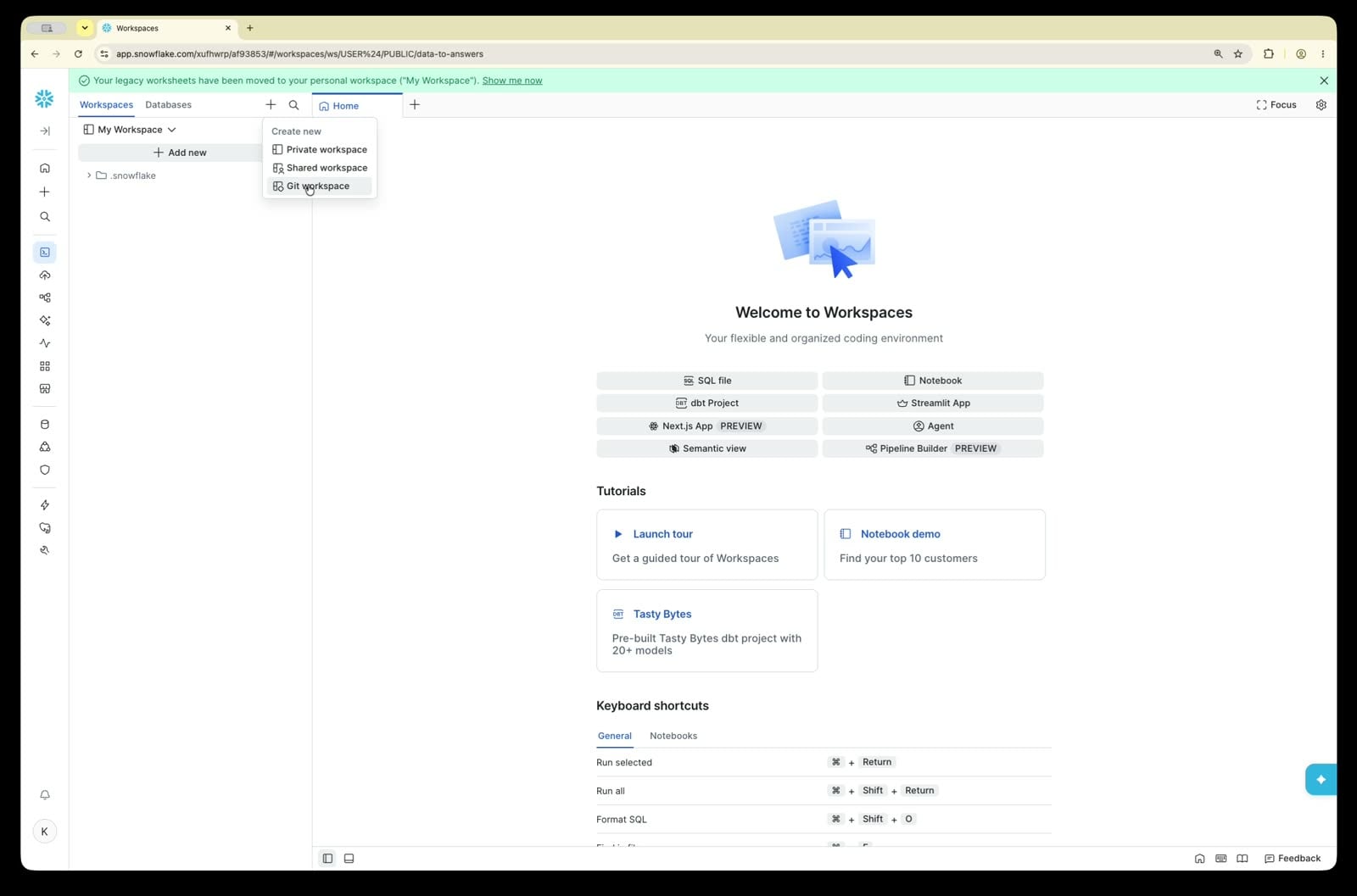 Create new Git workspace menu