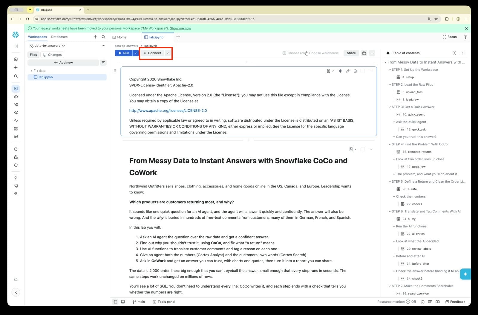 Connect menu with Create and connect