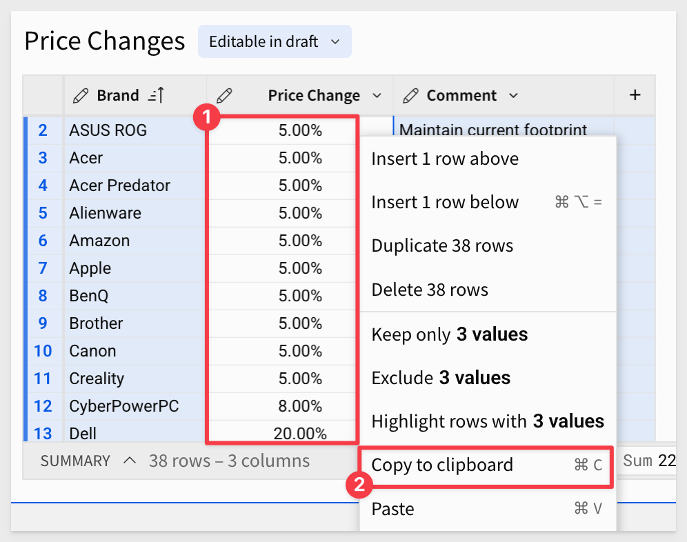 Price Change Column