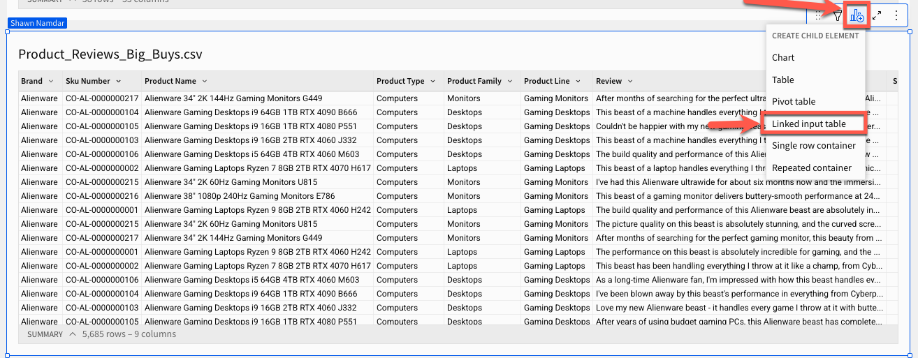 Linked input table