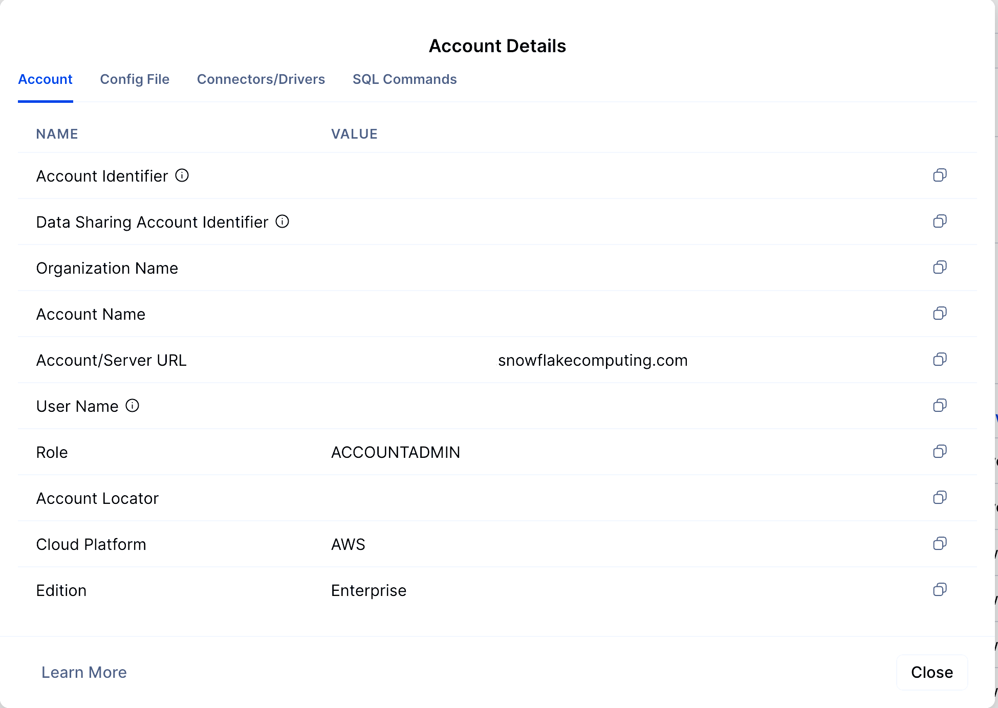 Snowflake Connection Information