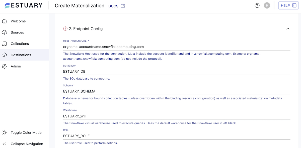 Snowflake materialization connector setup in Estuary